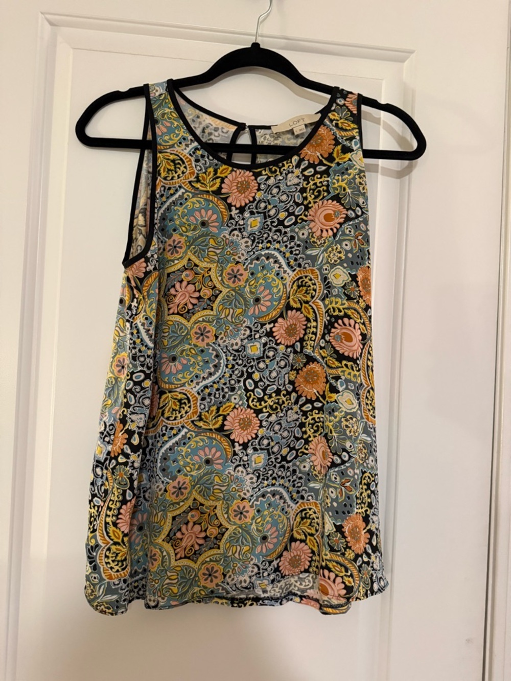 LOFT Paisley Floral Sleeveless Shell Top - Black, peach, Yellow, Blue, gray